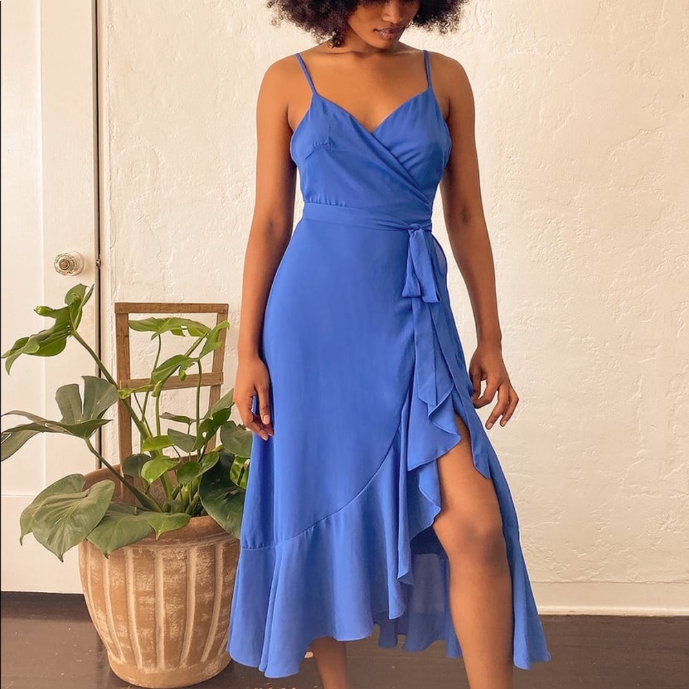 Manhattan Moment Blue Ruffled Midi Wrap Dress
Lulus